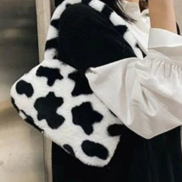 Cow Pattern Furry Underarm Bag Mini Plush Shoulder Handbags Purse Cow Fuzzy Bag - Picture 3 of 6